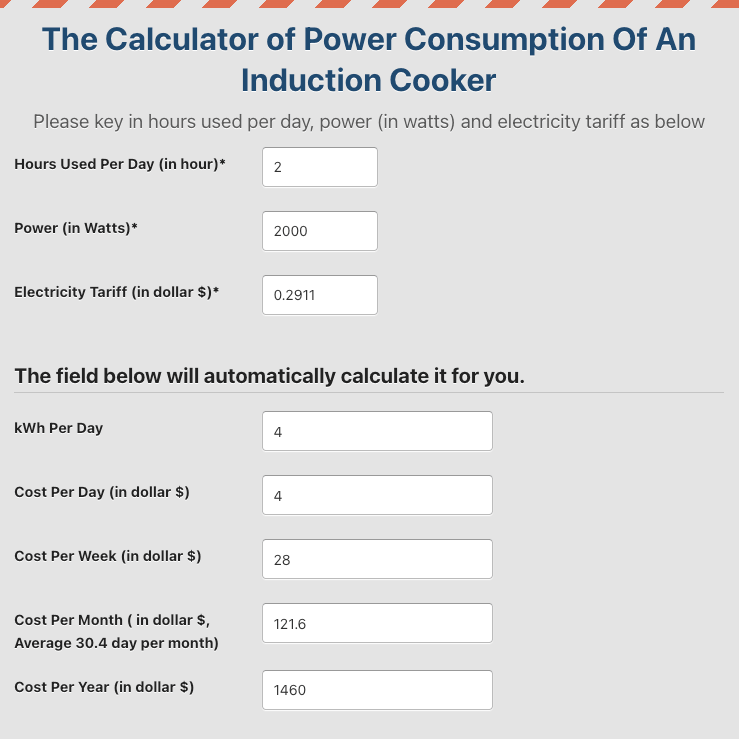 Induction Cooker Power Consumption Calculator Example in SIngapore
